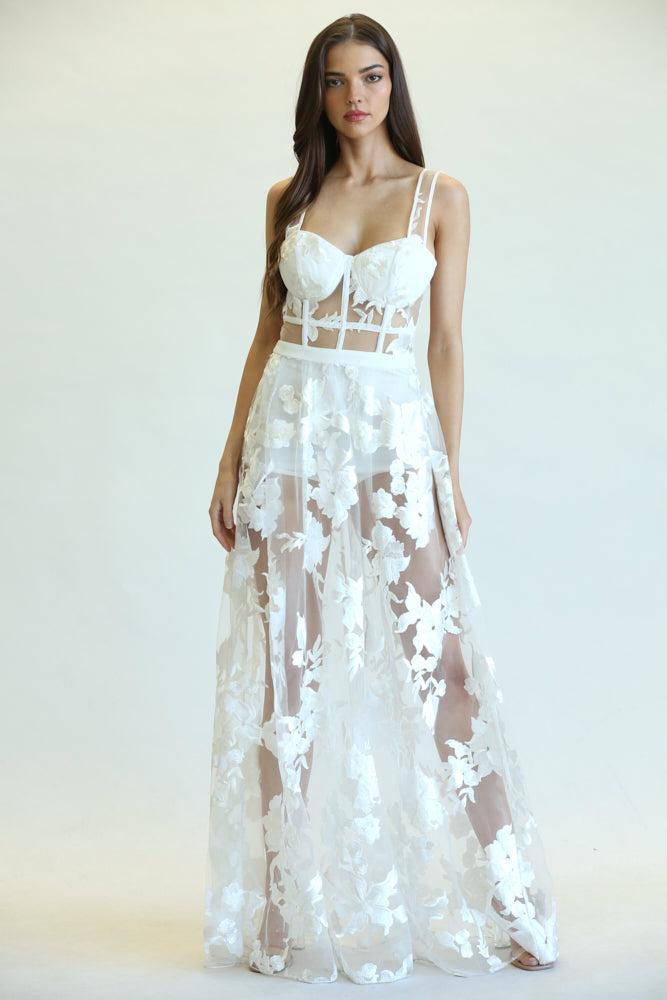 Elegant White Couture Strap Corset Floral Embroidery Gown