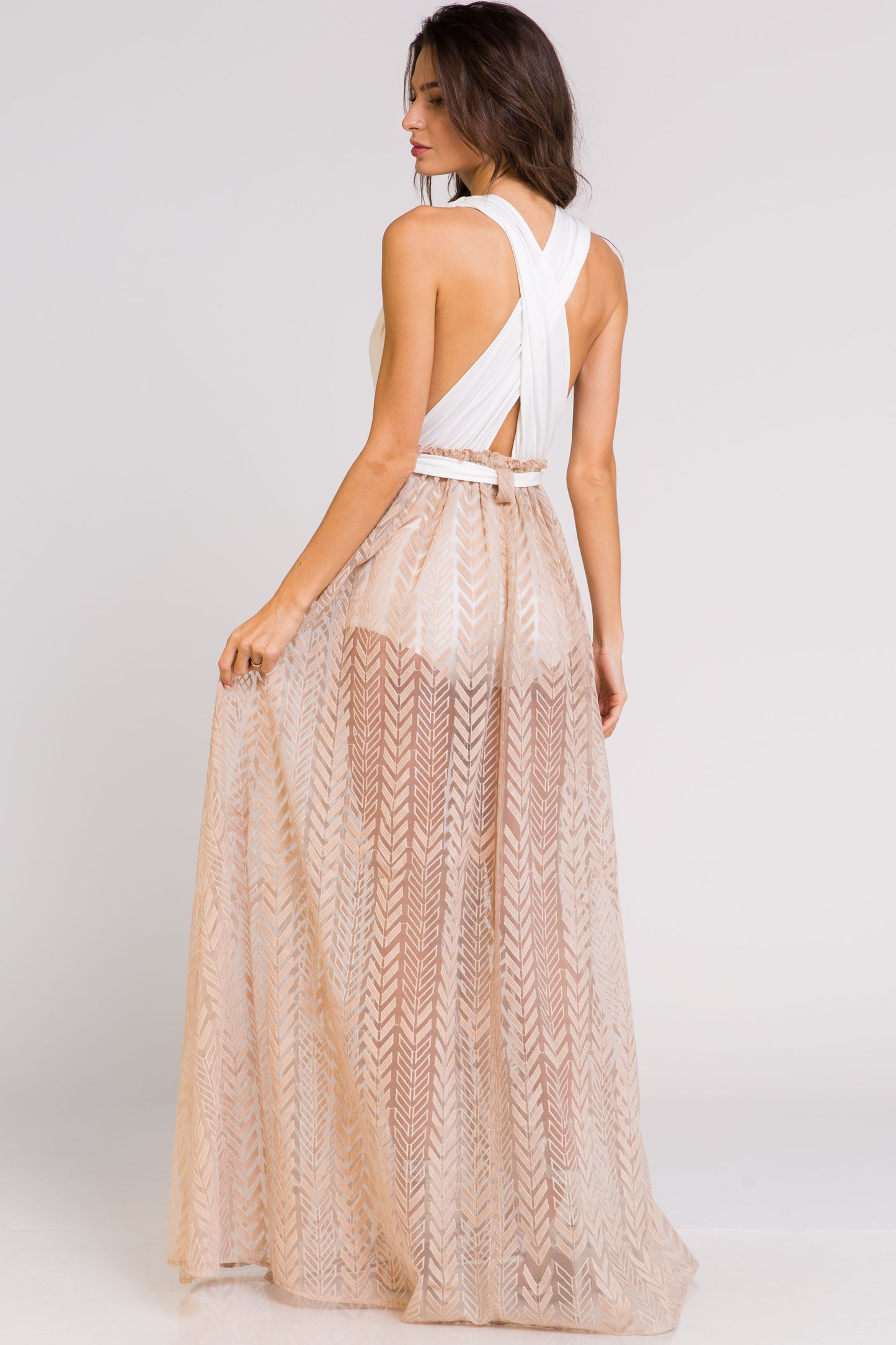 Elegant Beige Halter Cross Tie-Up Maxi Romper