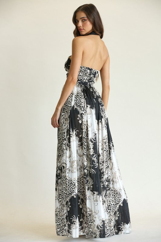 Elegant Black Multi-Color Leopard Print Gold Detailed Textured Halter Cross Maxi Dress