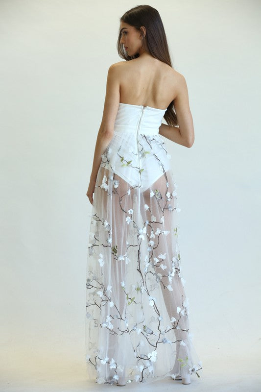 Elegant White Strapless Bodycon Multi-Color Floral Embroidery Mesh Gown