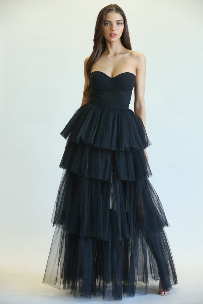 Elegant Black Couture Strapless Bodycon Ruffle Puffy Mesh Gown