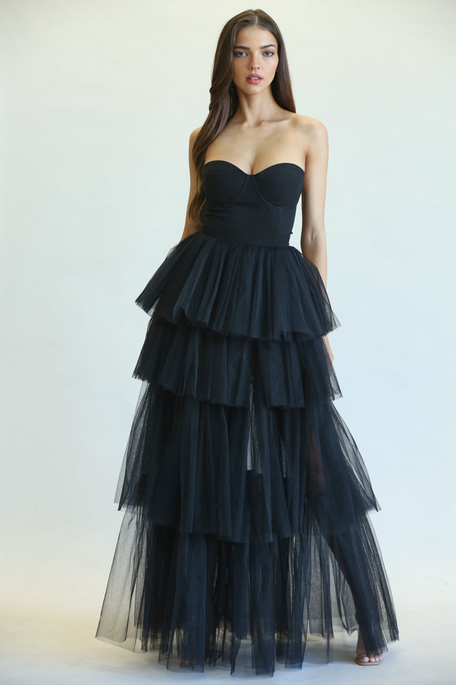 Elegant Black Couture Strapless Bodycon Ruffle Puffy Mesh Gown EDITE MODE Elegant Black Couture Strapless Bodycon Ruffle Puffy Mesh Gown EDITE MODE