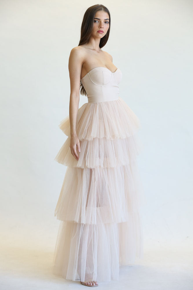 Elegant Nude Couture Strapless Bodycon Ruffle Puffy Mesh Gown