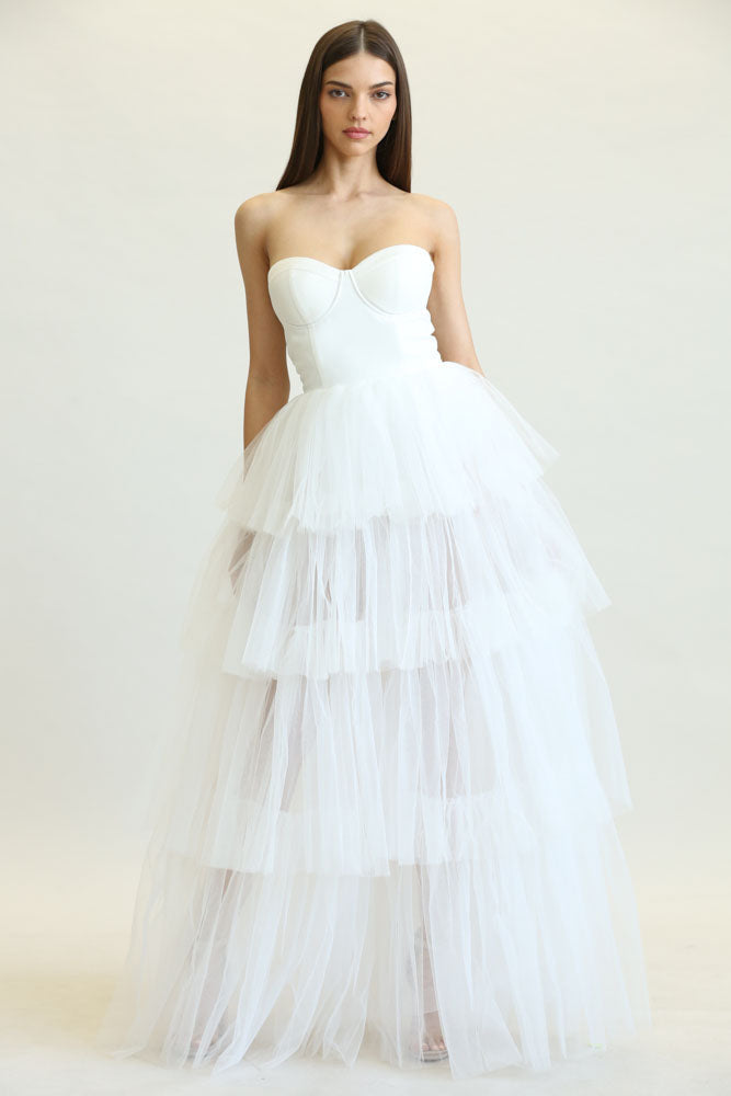 Elegant White Couture Strapless Bodycon Ruffle Puffy Mesh Gown M / White
