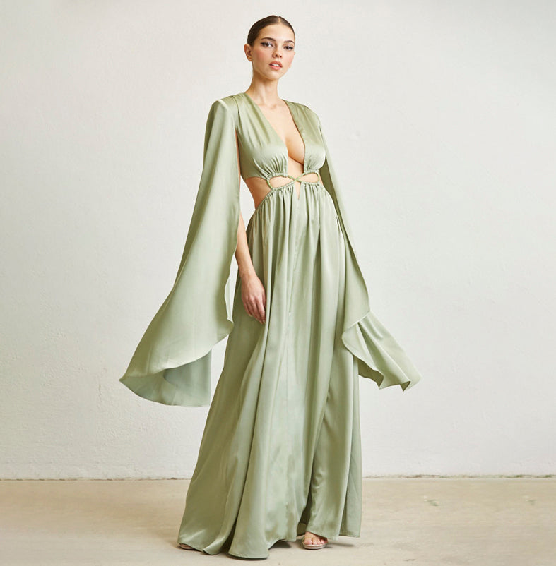 Elegant Light Green Satin Deep V-Neck Cut-Out Crystal Detailed Open Ba EDITE MODE Elegant Light Green Satin Deep V-Neck Cut-Out Crystal Detailed Open Ba EDITE MODE