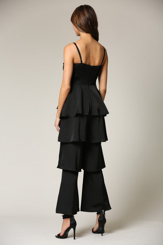 Elegant Strap Black High Waisted Ruffle Layered Satin Jumpsuit