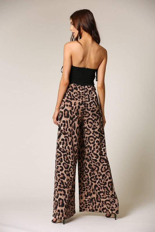 Fashion Strapless Black Corset Tie-Up Animal Print High Waisted Jumpsuit