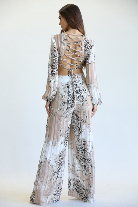 Elegant Nude Multi-Color Leopard Print Gold Detailed Textured V-Neck Cut-Out Back Tie-Up Jumpsuit with Long Sleeve