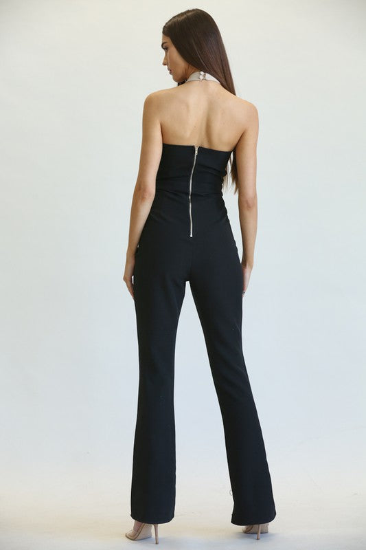 Fashion Black Deep V-Neck Halter Jumpsuit