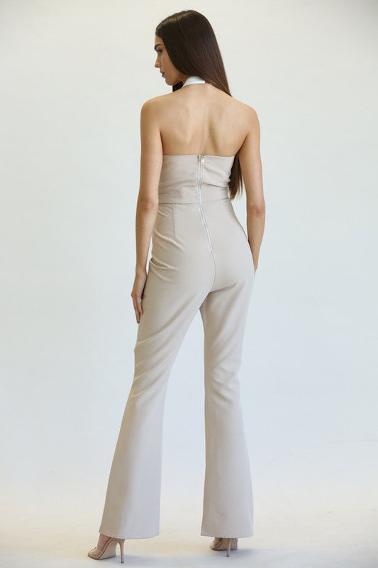 Fashion Nude Deep V-Neck Halter Jumpsuit