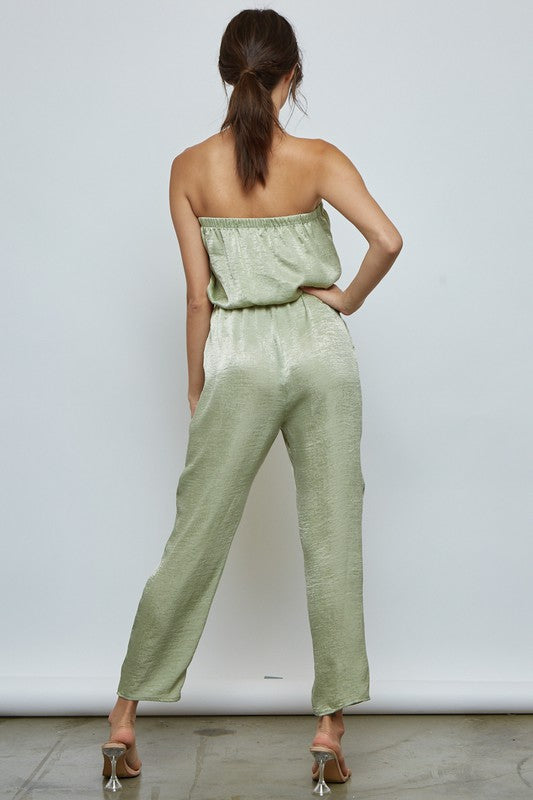 Fashion Strapless Dusty Sage Satin Tie-Up Jumpsuit