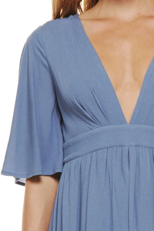 Elegant Blue V-Neck Maxi Romper