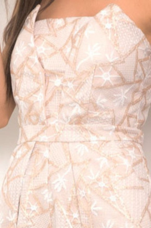 Elegant Strapless White Gold Sequence Detailed Texture Beige Romper