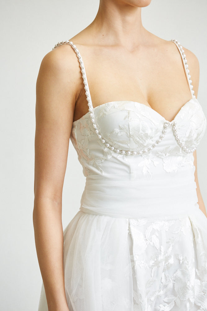 Elegant Cocktail Strap White Floral Lace Corset Pearl Detailed Maxi Romper