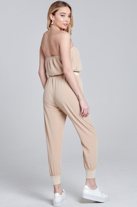 Elegant Strapless Beige Tie-Up Jagger Jumpsuit