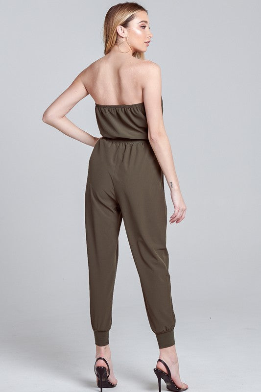 Elegant Strapless Military Green Tie-Up Jagger Jumpsuit