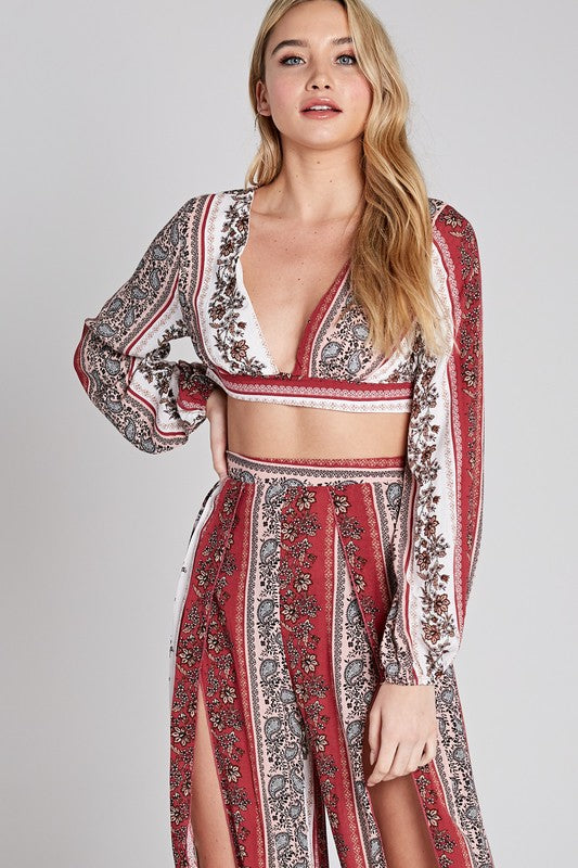 Fashion Summer Floral Print Red Contrast Cut Out Pants