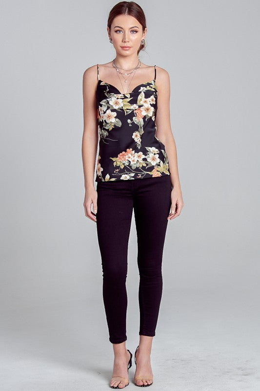 Elegant Strap V-Neck Black Multi-Color Floral Print Top