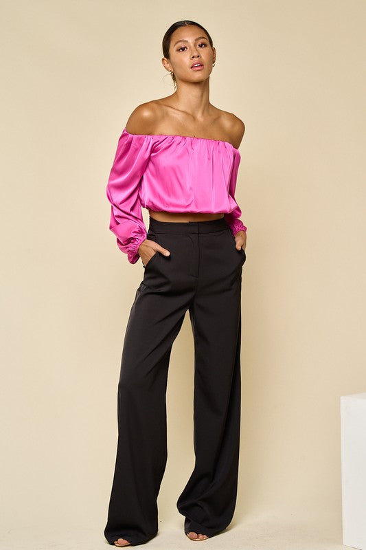 Elegant Off Shoulder Magenta Satin Top with Long Sleeve