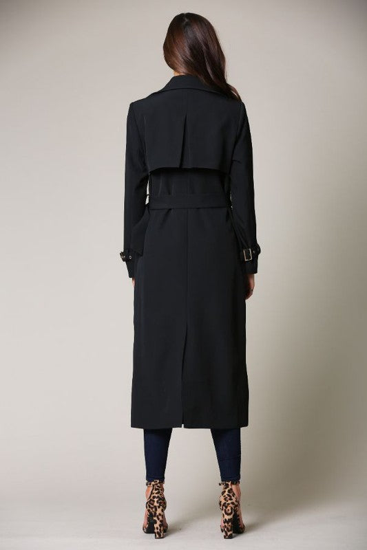 Elegant Black Collar Button Tie-Up Trench Coat
