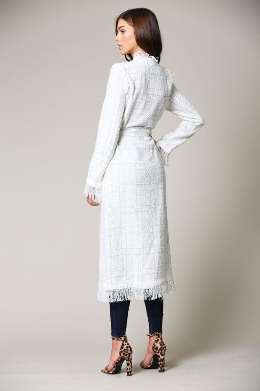 Elegant White Gold Textured Detail Tie-Up Coat