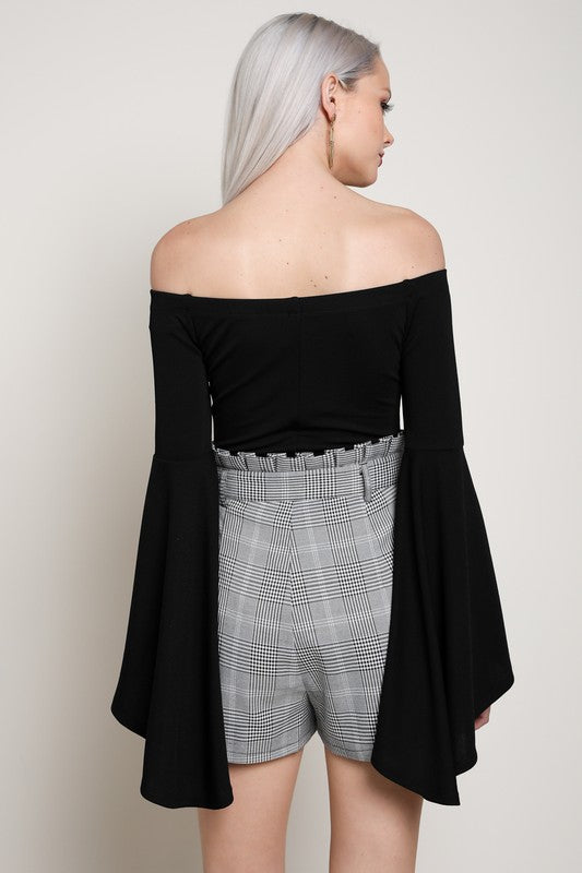 Elegant Black Off Shoulder Bell Sleeve Bodysuit