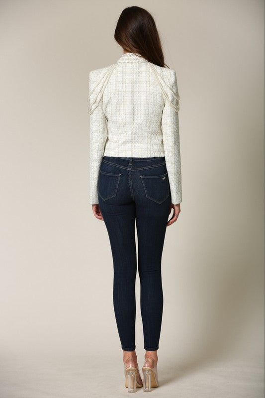 Elegant White Textured Gold Detail Pearl Jacket
