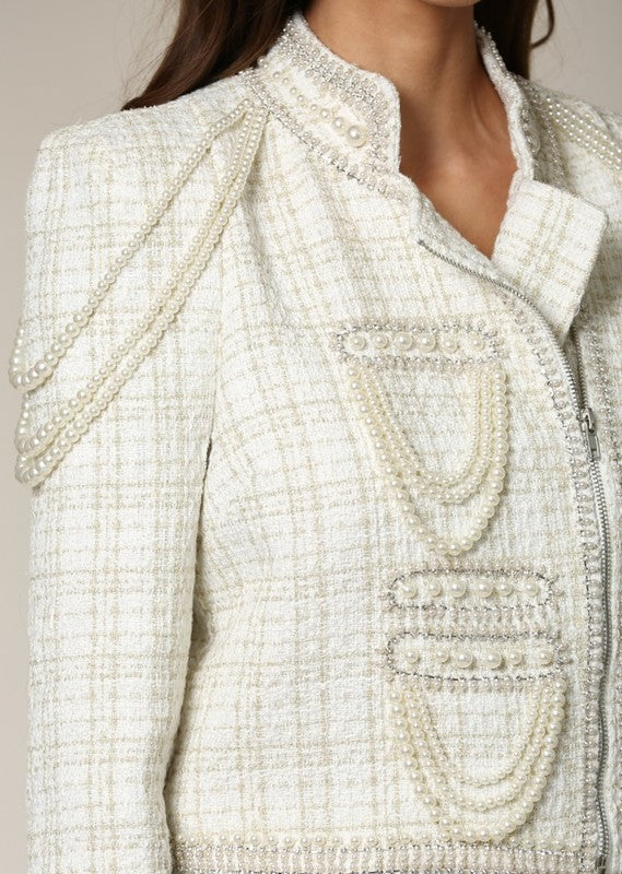 Elegant White Textured Gold Detail Pearl Jacket