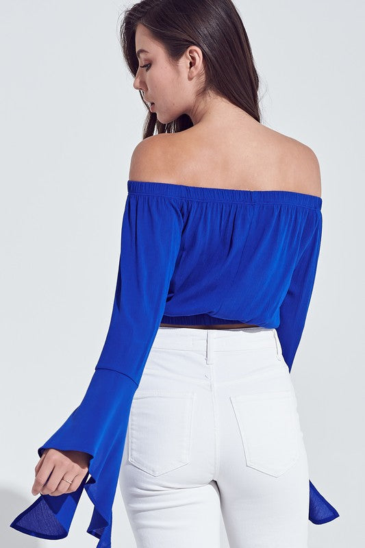 Elegant Royal Blue Off Shoulder Bell Sleeve Top