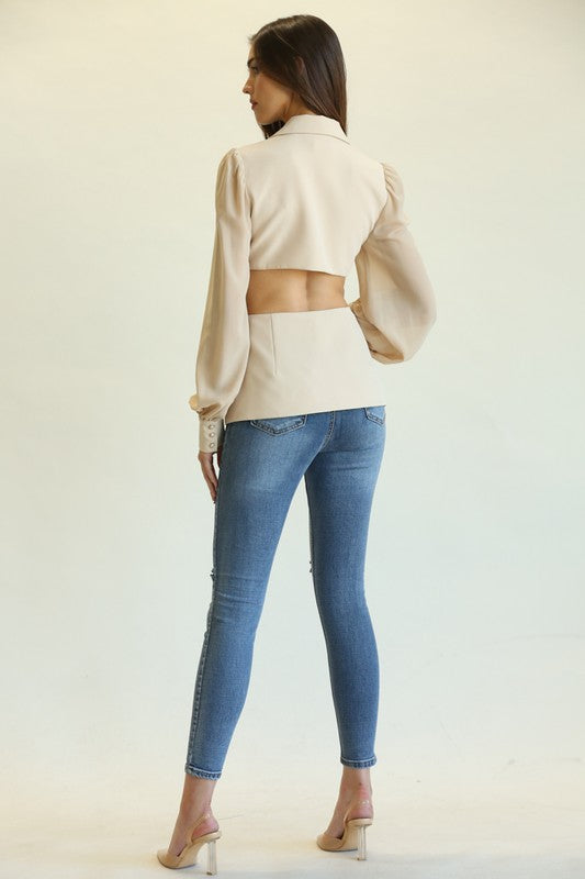 Elegant Nude Blazer Open Back Blouse with Bell Sleeve