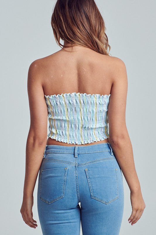 Fashion Summer Strapless Elastic Mint Multi-Color Stripe Crop Top