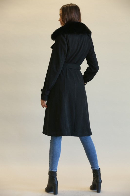 Elegant Black Faux Fur Collar Button Tie-Up Trench Coat