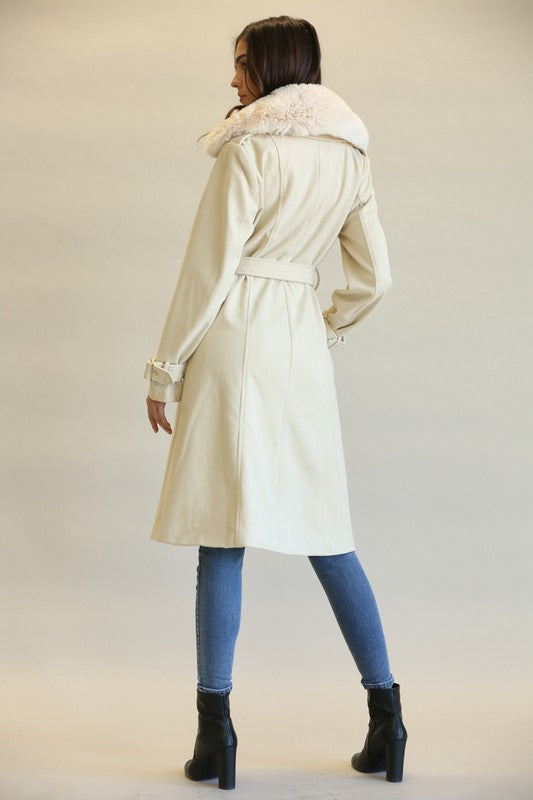Elegant Beige Faux Fur Collar Button Tie-Up Trench Coat