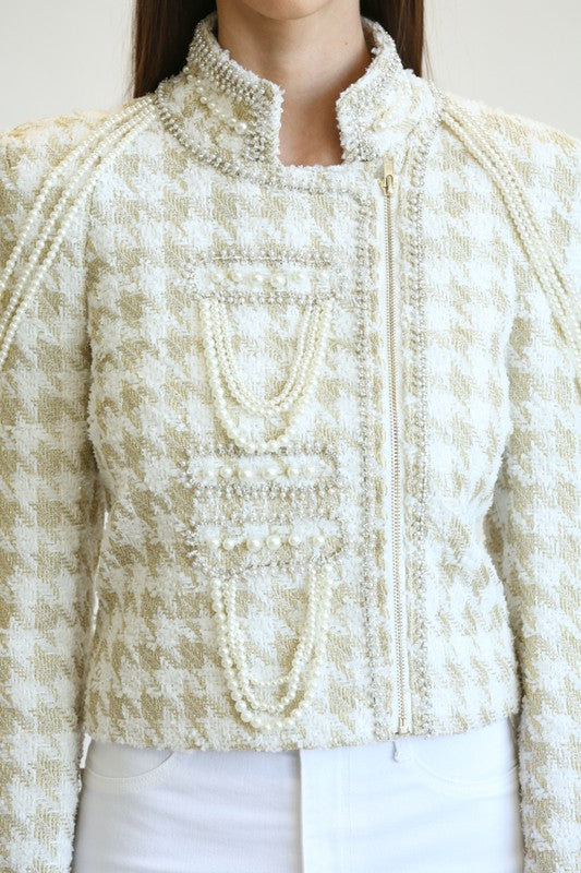 Elegant Gold Textured Gold Detail Pearl Jacket