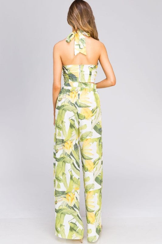 Fashion Summer Multi-Color Banana Leaf Print High Waisted Cut-Out Pants