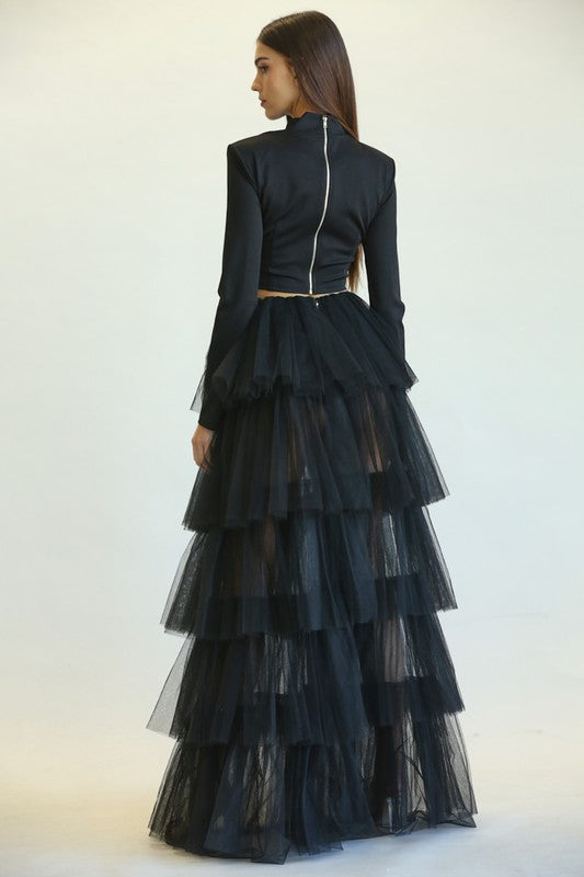 Elegant Black High Waisted Layered Ruffle Maxi Skirt