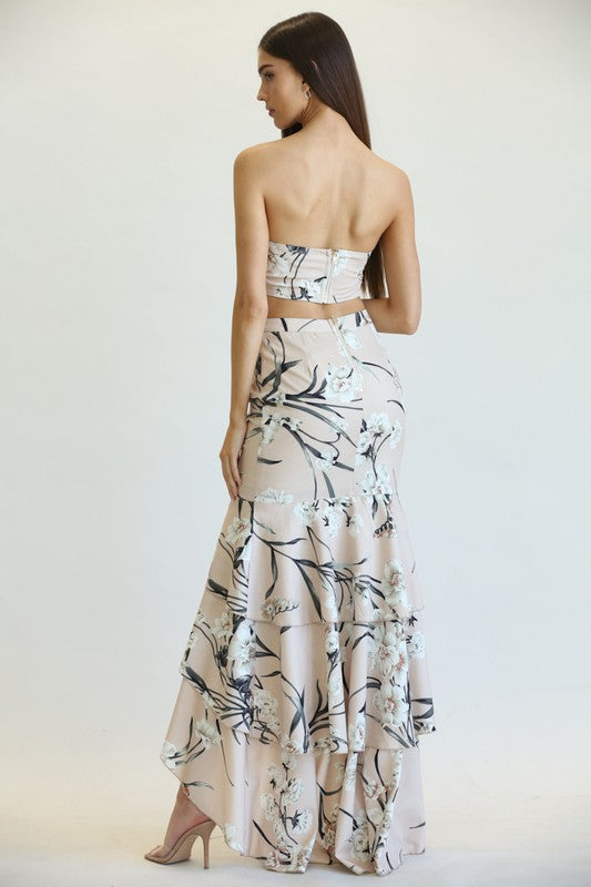 Elegant Nude Multi-Color Floral Print Gold Detailed Strapless Crop Top