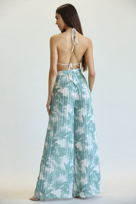 Fashion Sage Tropical Print Silver Detailed High Waisted Pleated Palazzo Pants