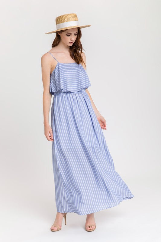 Fashion Strap Summer Marine Stripe Ruffle Blue Maxi Dress Fashion Strap Summer Marine Stripe Ruffle Blue Maxi Dress