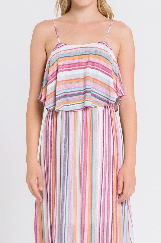 Fashion Strap Summer Pink Multi-Color Stripe Ruffle Maxi Dress