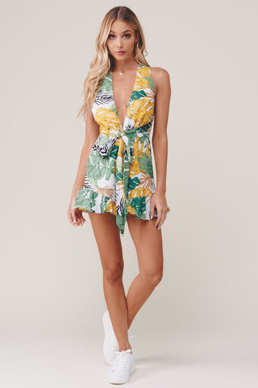 Fashion White Multi-Color Tropical Print Halter Cross Tie-Up Romper