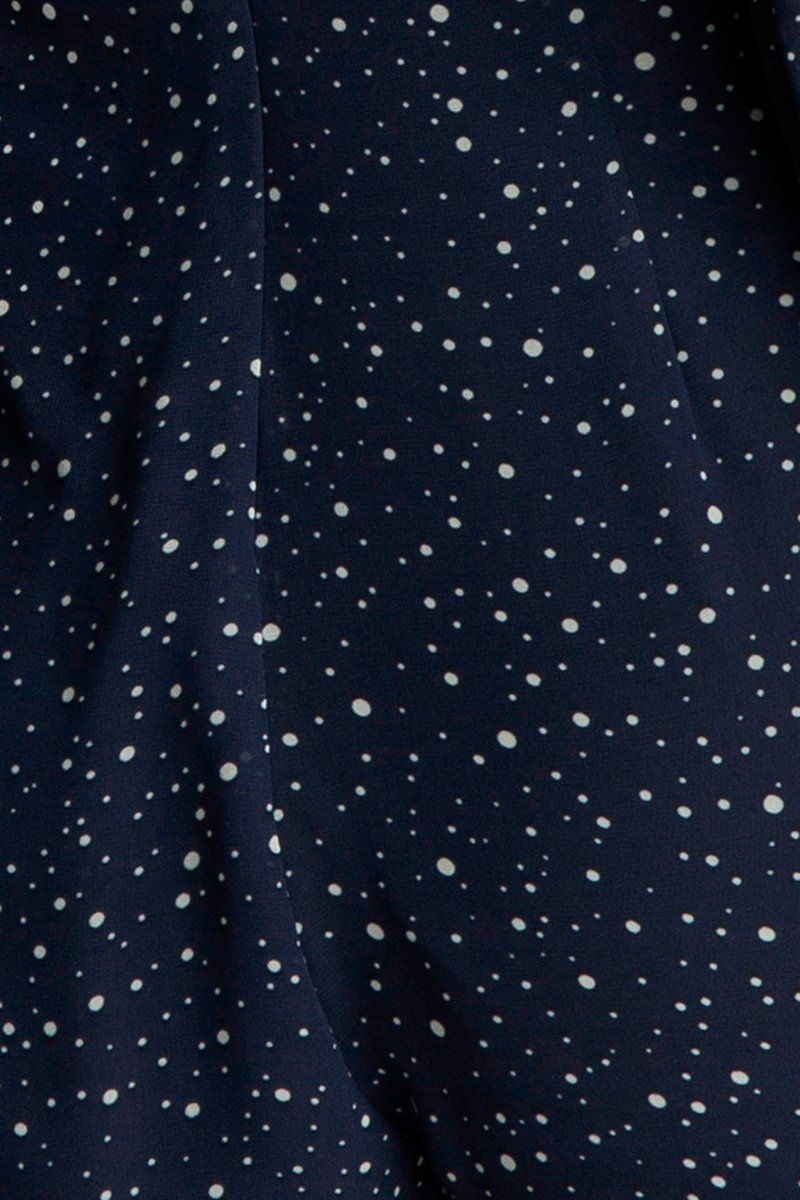 Fashion Navy Polka Dot Deep V-Neck Tie-Up Ruffle Romper with Long Sleeve