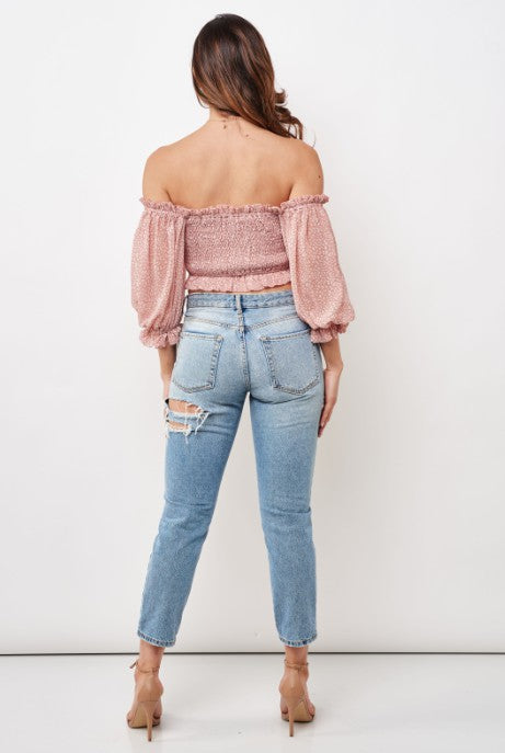 Fashion Pink Floral Print Off Shoulder Crop Top with Puffy Sleeve