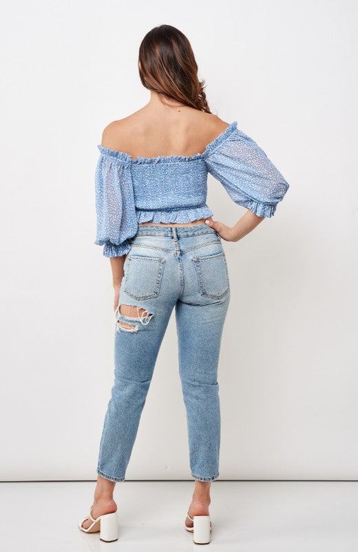 Fashion Blue Floral Print Off Shoulder Crop Top with Puffy Sleeve