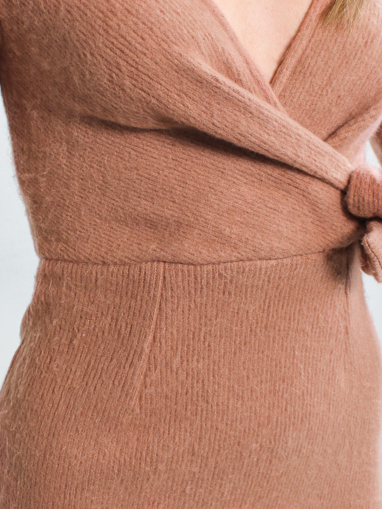 Fashion Taupe Wrap Tie-Up Sweater Dress with Long Sleeve