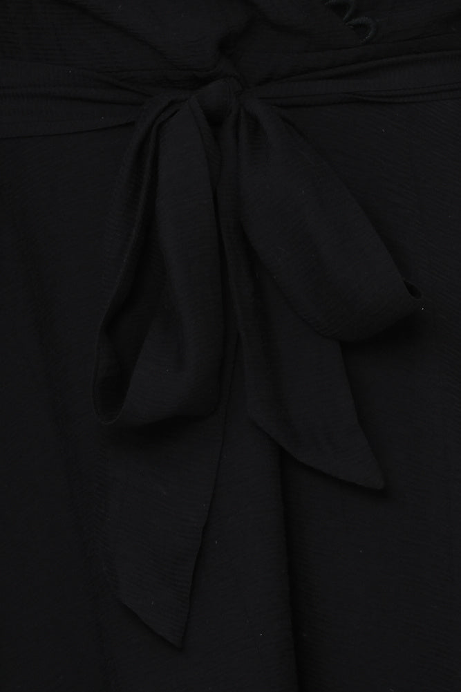 Elegant Black Lace Detailed Wrap Tie-Up Dress with Puffy Long Sleeve