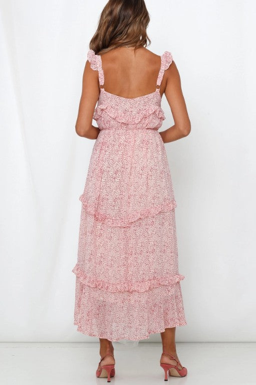 Fashion Strap Red Floral Print Summer Ruffle Dress Tie-Up