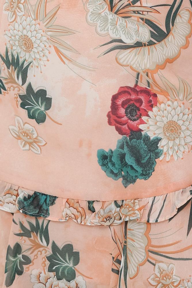 Fashion Orange Multi-Color Floral Print V-Neck Ruffle Cut-Out Dress