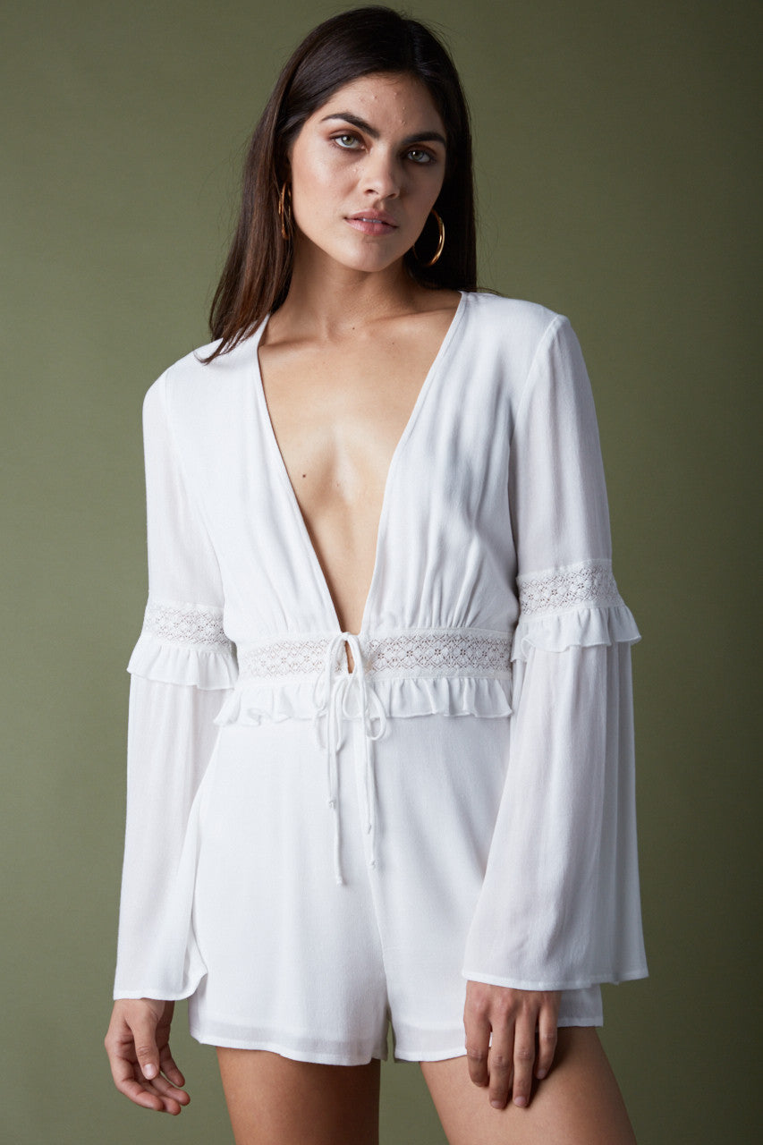 Fashion V Neck White Bell Sleeve Romper