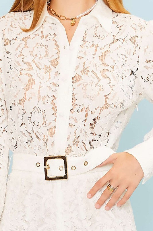 Elegant White Lace Detailed Button Down Tie-Up Romper with Puffy Long Sleeve